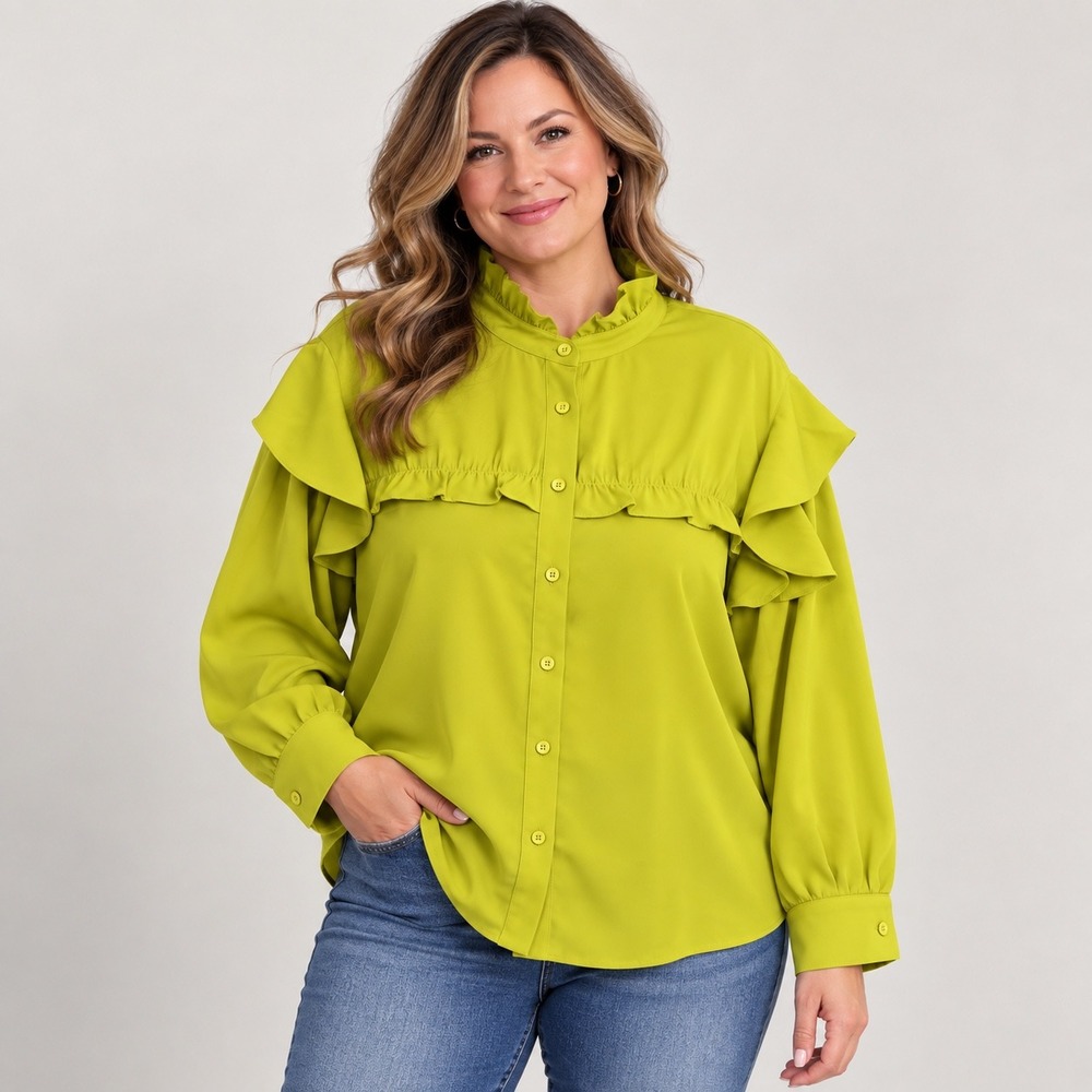 SSS The Label Blouse Women XXL Chartreuse Green Ruffle High Neck Button Front